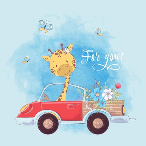 Illustration of a print for the children's room clothes cute giraffe on the truck with flowers. vector