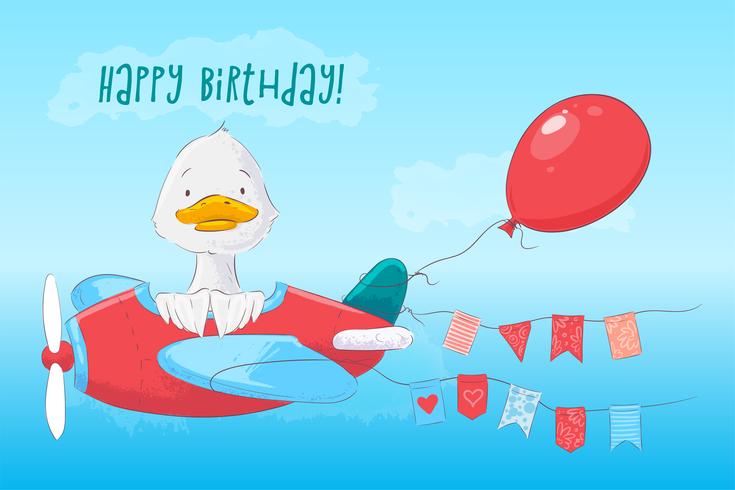 Postcard poster cute duck on the plane and flowers in cartoon style. vector