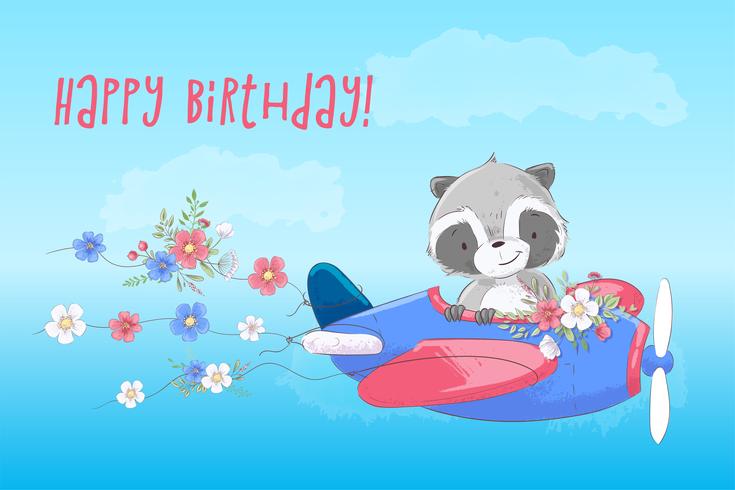 Cute Cartoon Raccoon is flying on a plane vector
