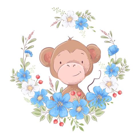 Illustration of a print for the children s room clothes cute monkey in a wreath of blue flowers. vector