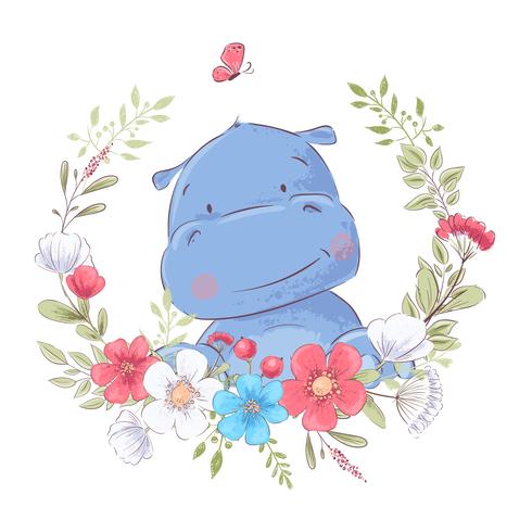 Illustration of a print for the children s room clothes cute hippo in a wreath of red, white and blue flowers. vector