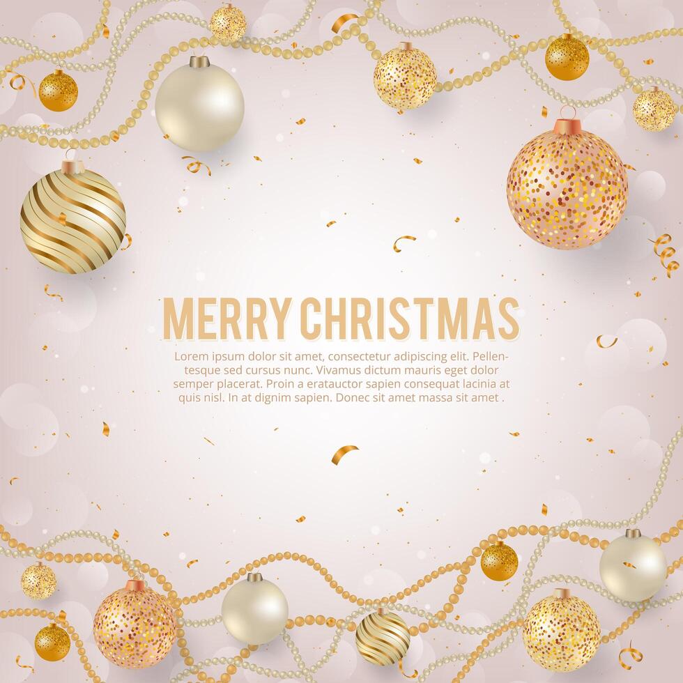 Fondo de Navidad con adornos de luz de Navidad. Bolas navideñas de noche con guirnaldas perladas doradas, rosas, doradas y bolas nacaradas. vector
