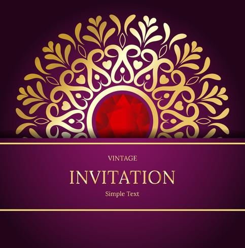 Elegant Save The Date card design. Vintage floral invitation card template. Luxury swirl mandala greeting card, gold, purple vector