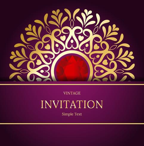 Elegante guardar el diseño de la tarjeta de fecha. Plantilla de tarjeta de invitación floral vintage. Remolino de lujo mandala tarjeta de felicitación, oro, púrpura vector