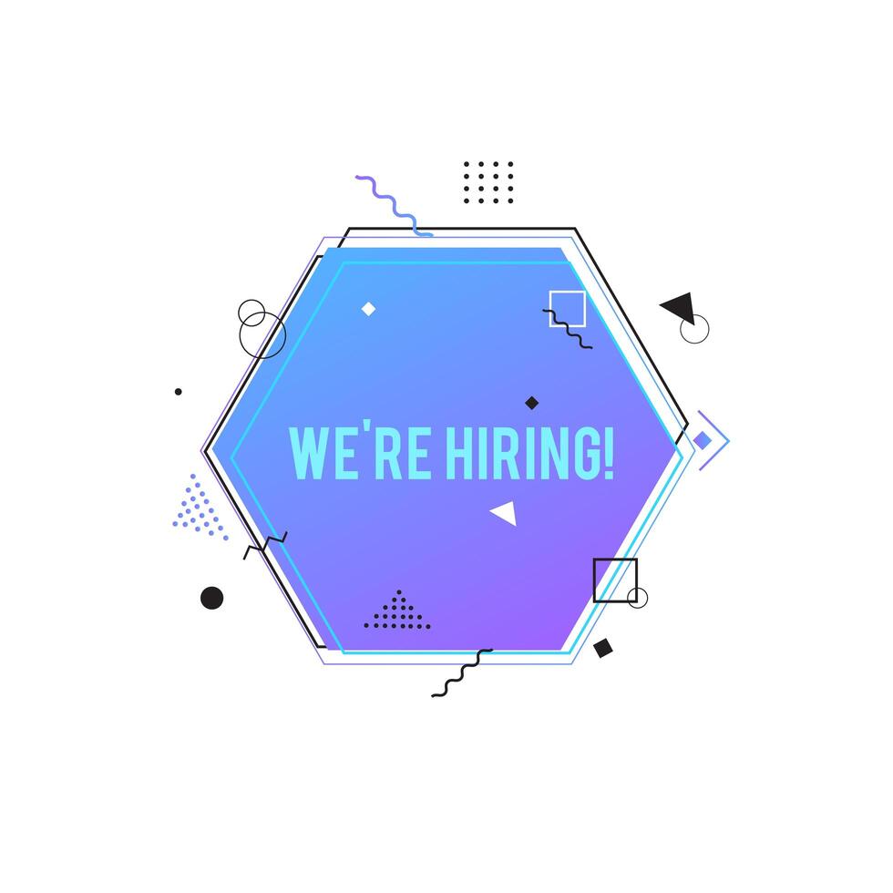 We're hiring symbol,  Business recruiting concept. Purple hexagon banner with geometric shapes vector