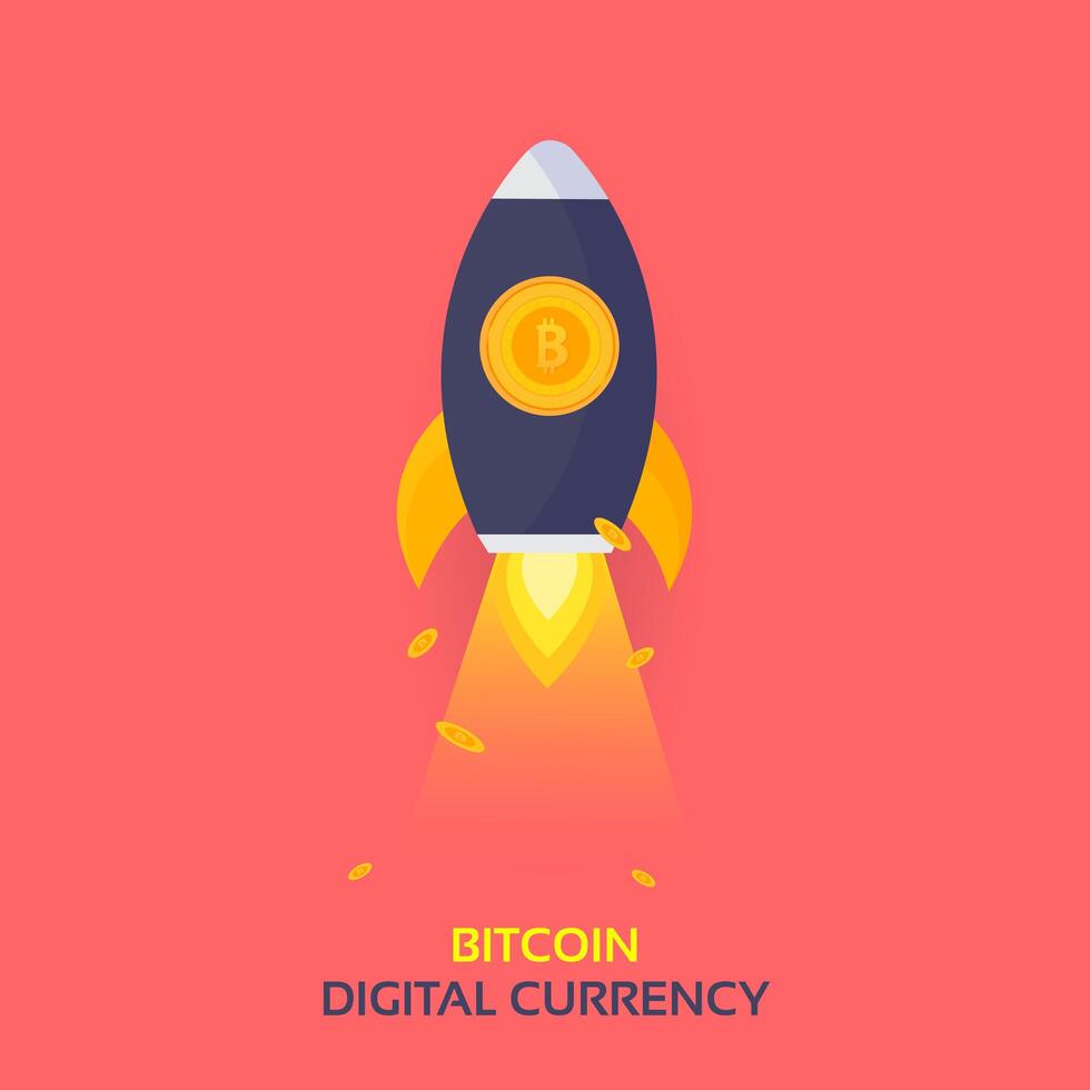 Bitcoin Rocket Ship Launching. Cryptocurrency Blockchain Crypto Vector
