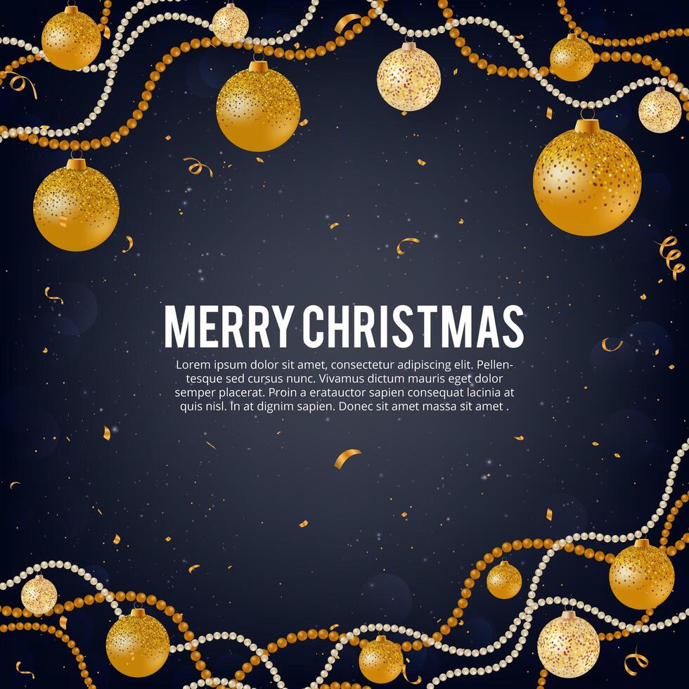 Vector illustration of merry christmas gold and black colors place for text, gold christmas balls, golden glitter baubles, pearly ball garlands and confetti