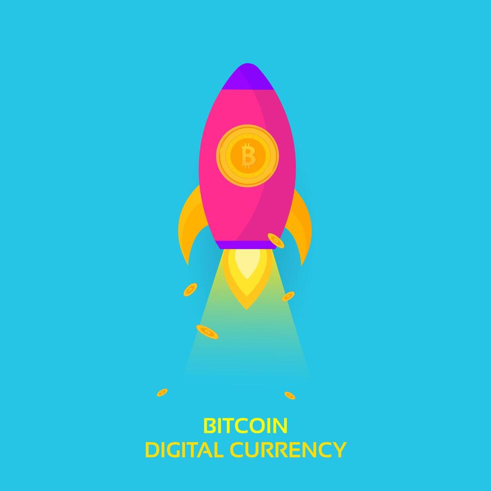 Bitcoin Rocket Ship Launching. Cryptocurrency Blockchain Crypto Vector