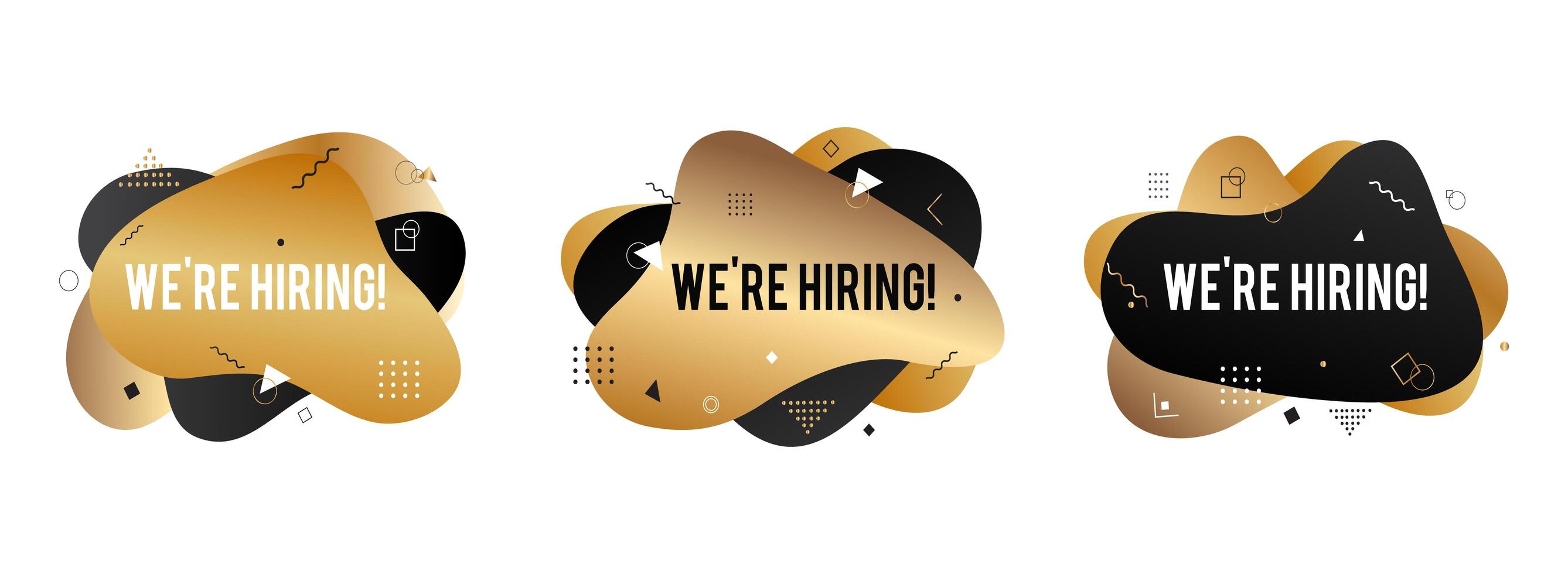 We're hiring banner. Hire sign. Searching new job concept. Abstract liquid shape. Fluid design. Gold and black vector