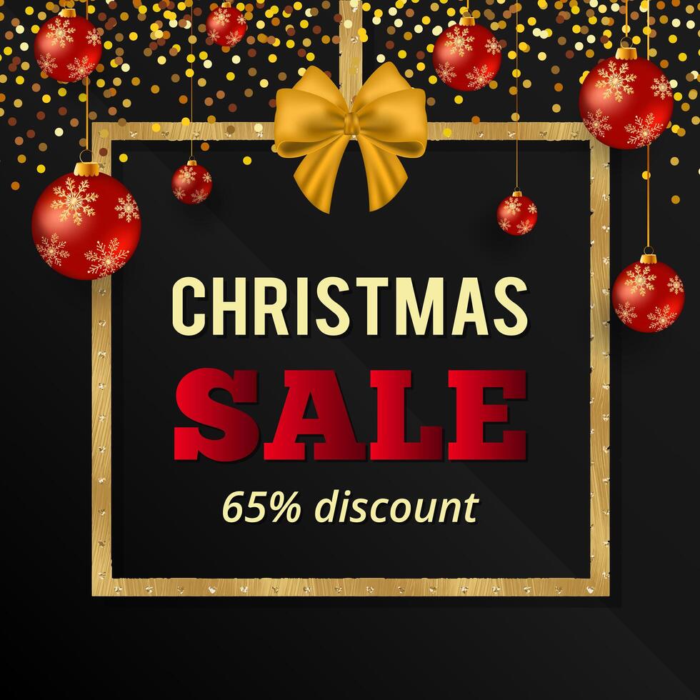 Gold glitter Christmas sale banner with red Xmas balls. Christmas sale