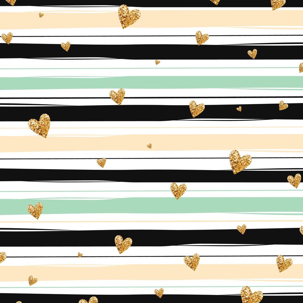Gold glittering heart confetti seamless pattern on striped background vector