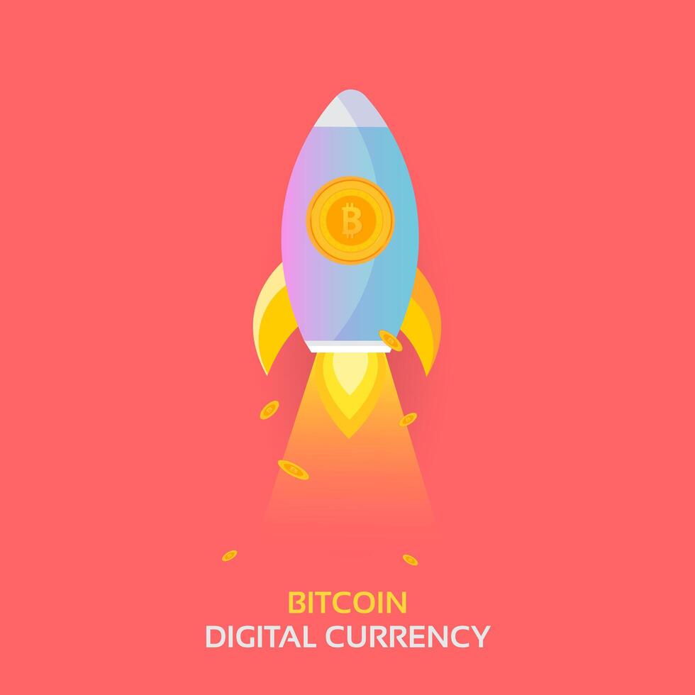 Bitcoin Rocket Ship Launching. Cryptocurrency Blockchain Crypto Vector