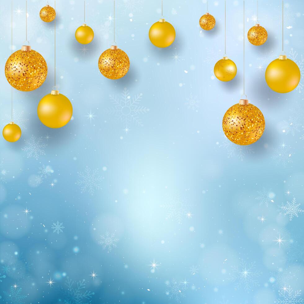 Abstract Christmas background with snowflakes. Blue Elegant Winter background with gold baubles vector