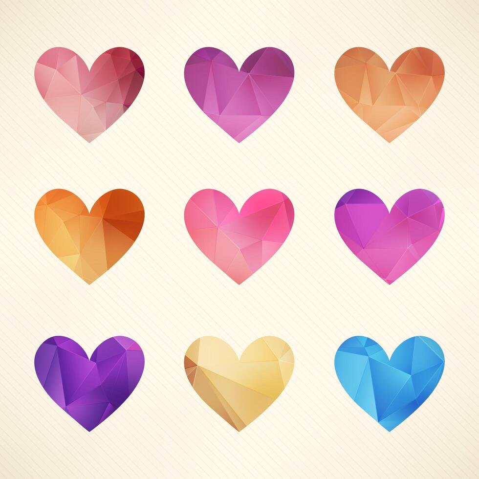 Geometric hearts. Diamond hearts shapes set vector