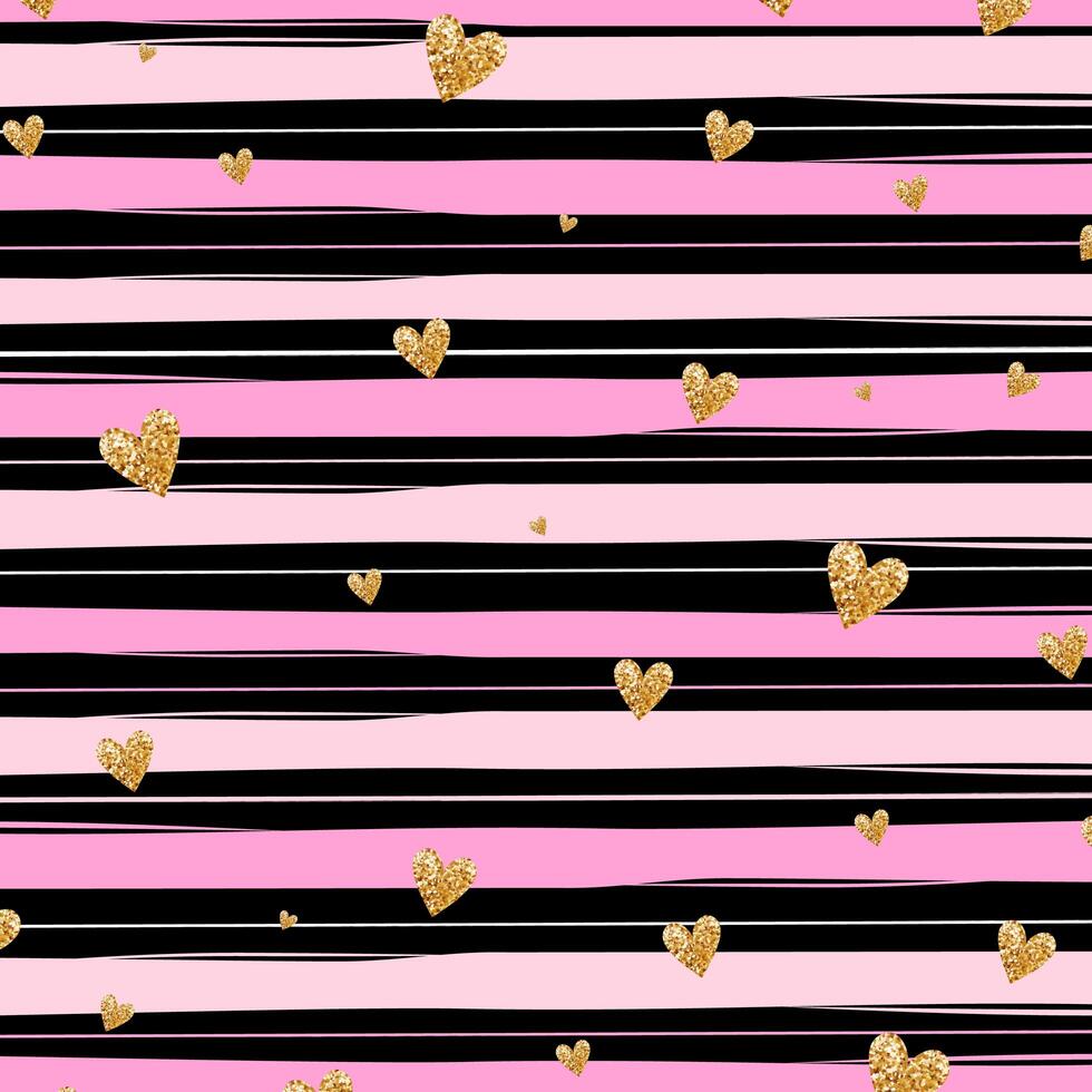 Gold glittering heart confetti seamless pattern on striped background vector