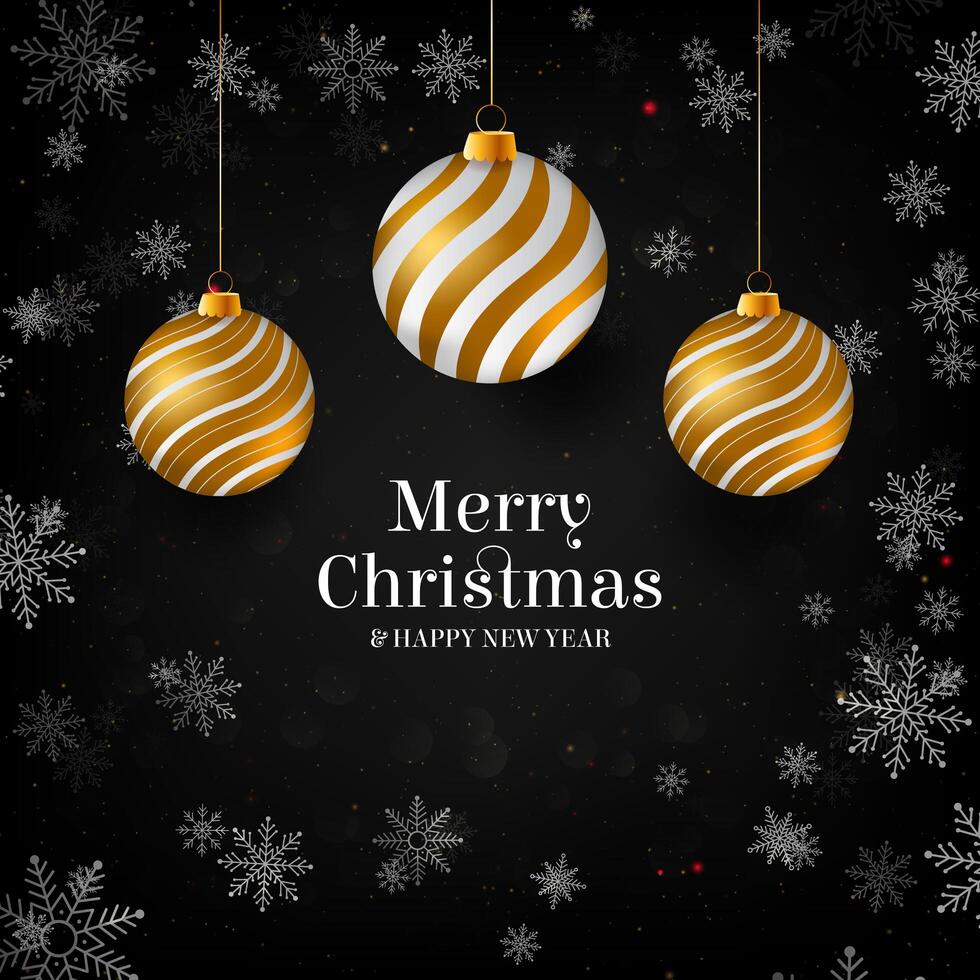 Vector illustration of merry christmas gold and black colors place for text, gold christmas balls, golden glitter baubles and confetti