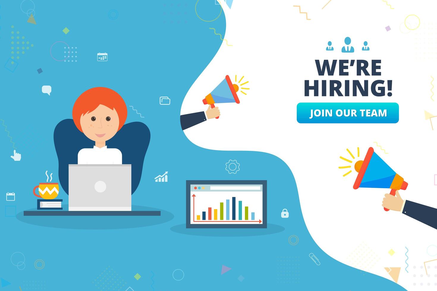 We're hiring, recruiting concept with business female at her desk vector