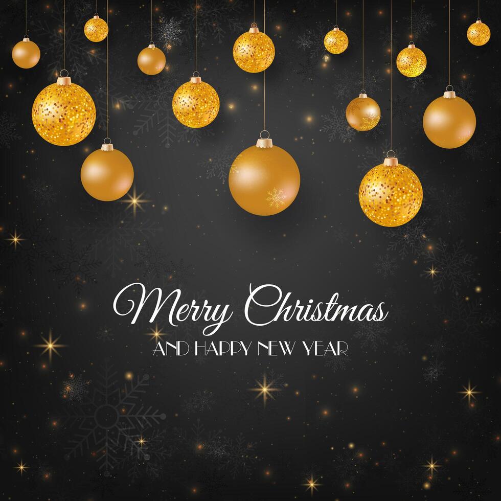 Merry Christmas black background with gold Christmas balls vector