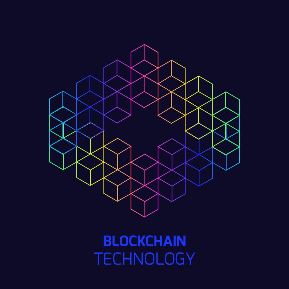 Blockchain technology concept. Cubic nodes connected by chain. Isometric vector illustration of distributed database for cryptography, virtual money, secure e-business or web security.