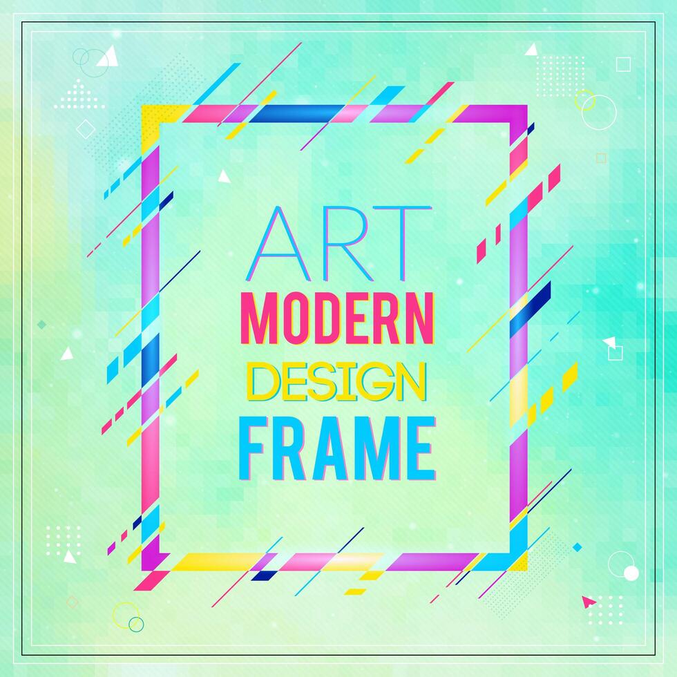 Vector frame for text Modern Art graphics. Dynamic frame with stylish  colorful abstract geometric shapes around it on a gradient background. Trendy neon color lines in a modern design style.