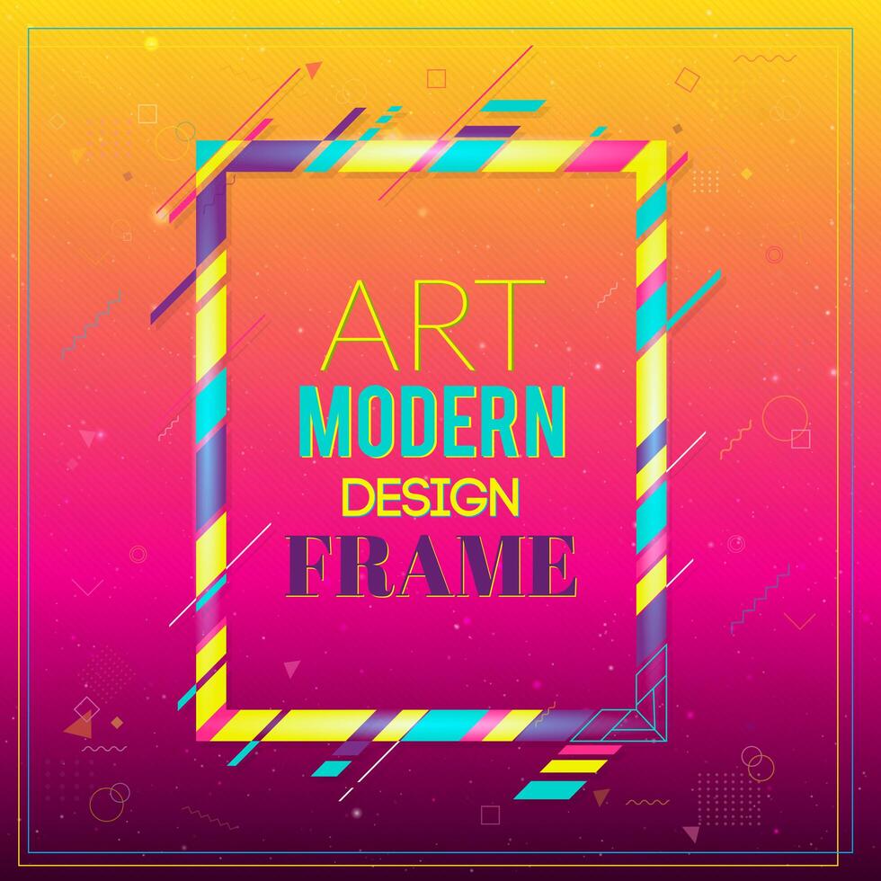 Vector frame for text Modern Art graphics. Dynamic frame with stylish  colorful abstract geometric shapes around it on a gradient background. Trendy neon color lines in a modern design style.