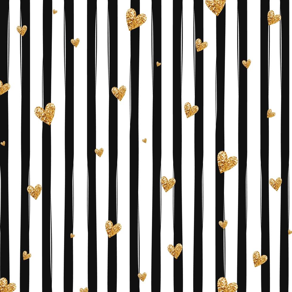 Gold glittering heart confetti seamless pattern on striped background vector