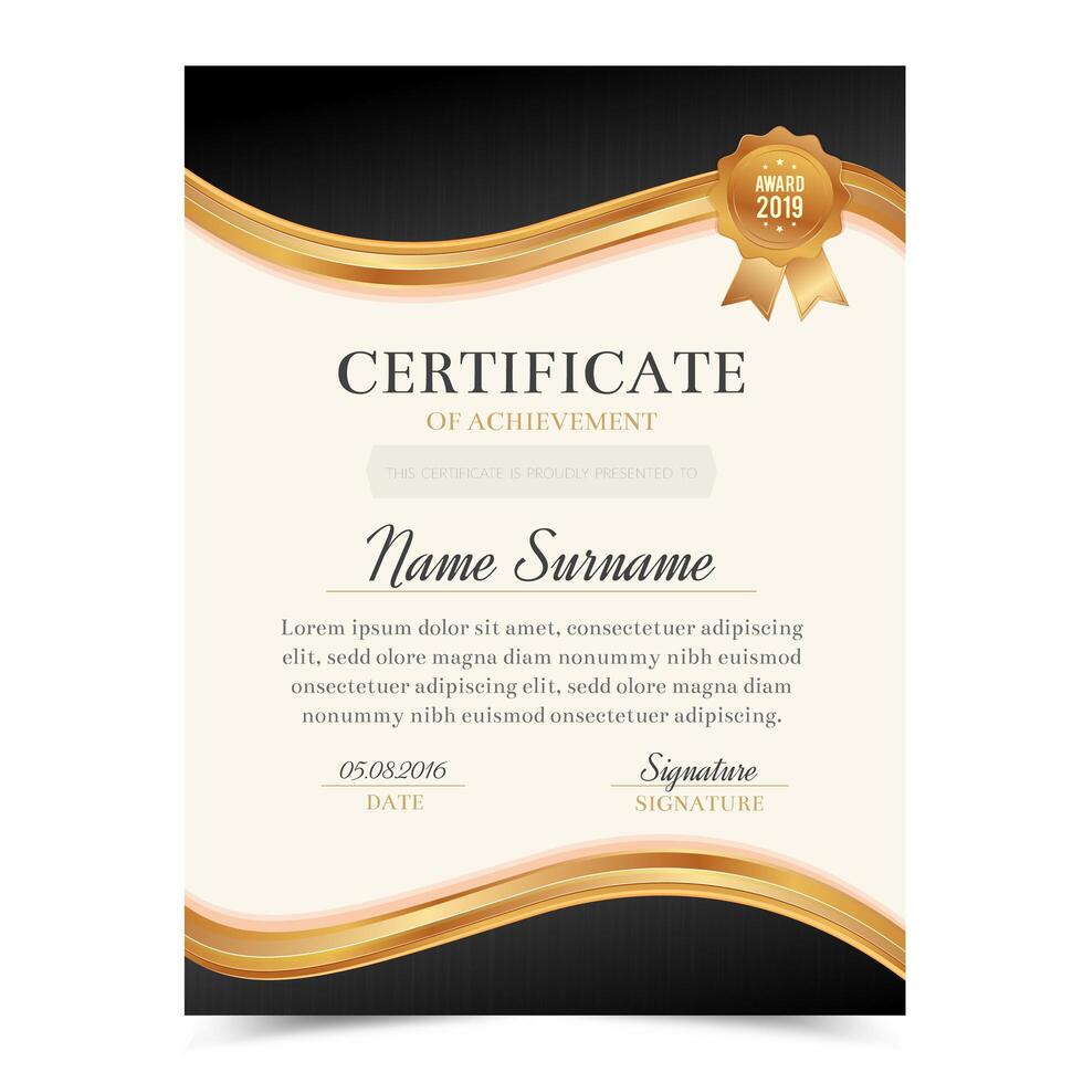 Plantilla de certificado negro y oro con lujo y diseño moderno, plantilla de diploma vector