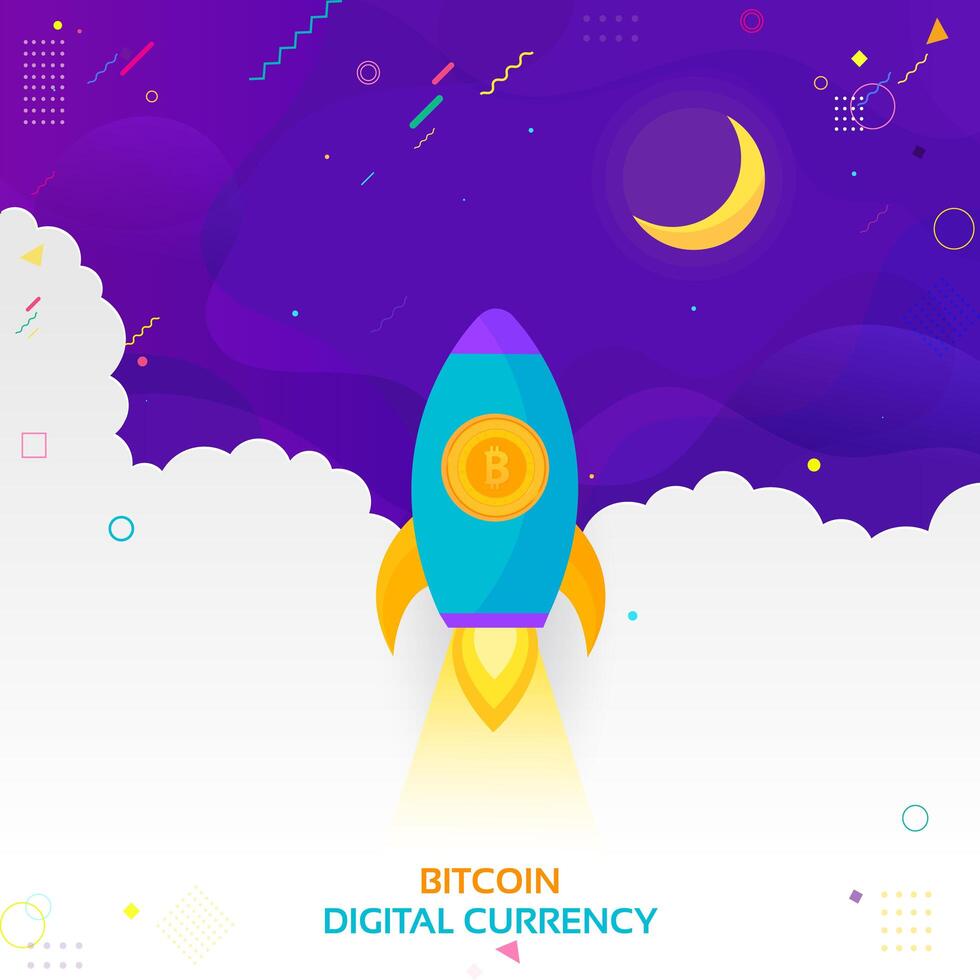 Illustration of rocket flying over clouds with bitcoin icon. Concept of Crypto-currency. Rocket flying to the moon with bitcoin icon. Crypto currency hype vector illustration.