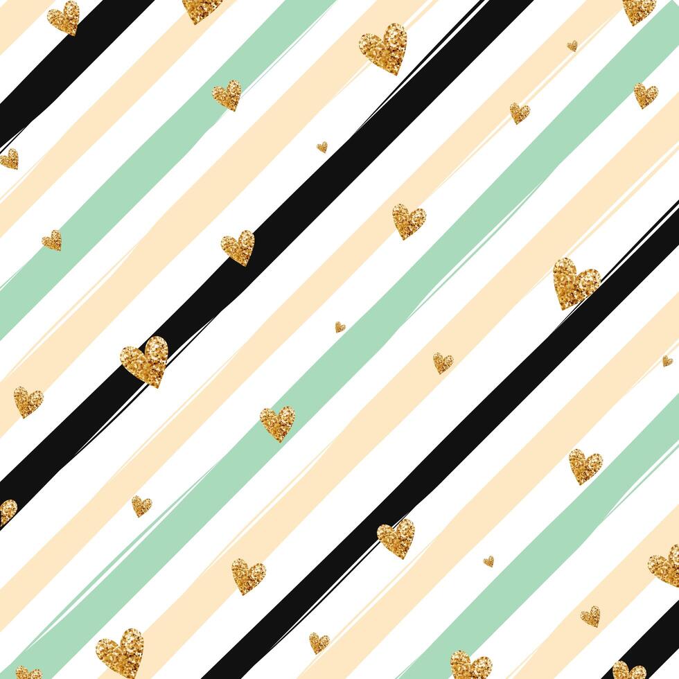 Gold glittering heart confetti seamless pattern on striped background vector