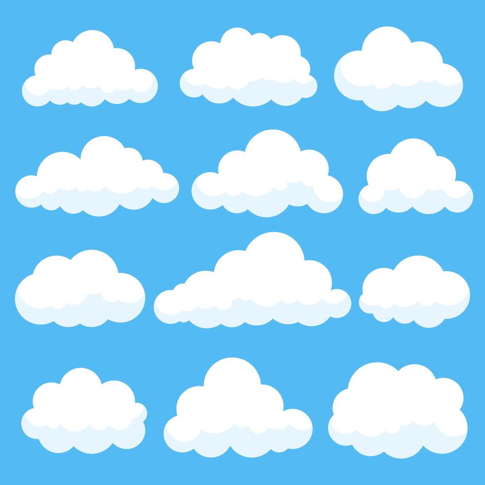 Cartoon clouds isolated on blue sky panorama collection. Cloudscape in blue sky, white cloud illustration vector