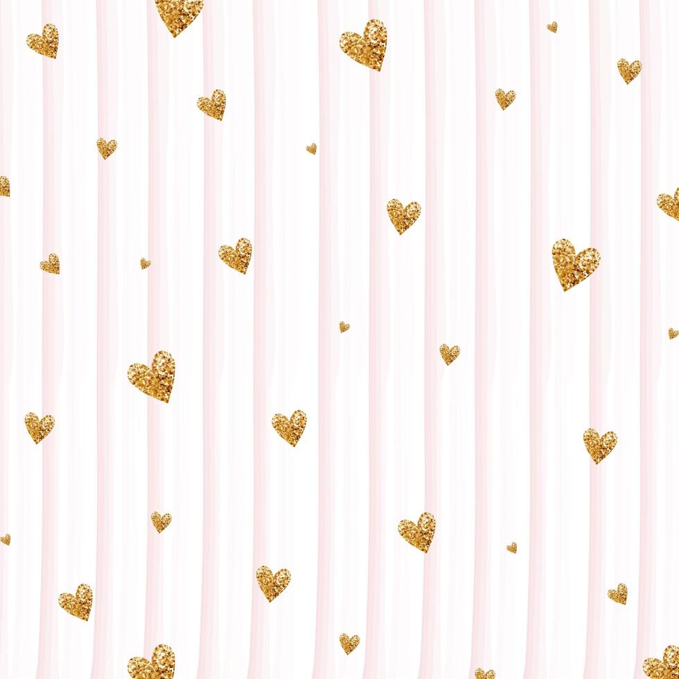 Gold glittering heart confetti seamless pattern on striped background vector