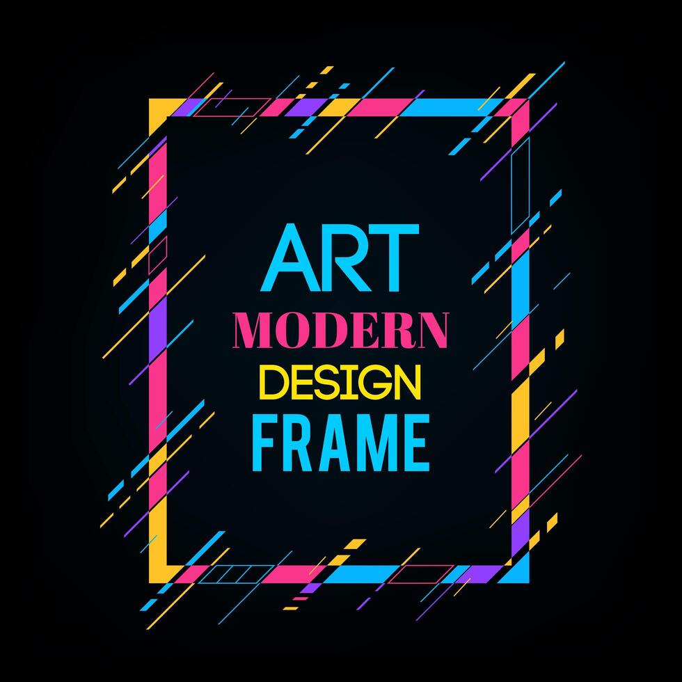 Vector frame for text Modern Art graphics. Dynamic frame with stylish  colorful abstract geometric shapes around it on a black background. Trendy neon color lines in a modern material design style.