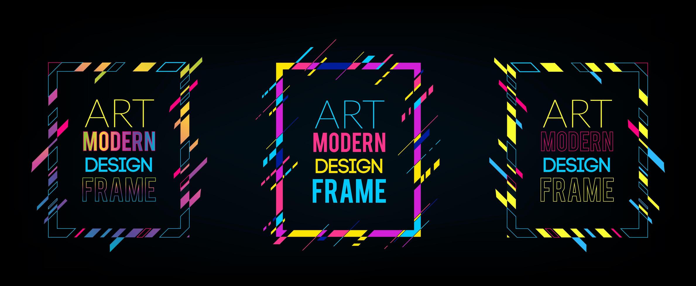 Vector frame for text Modern Art graphics. Dynamic frame with stylish  colorful abstract geometric shapes around it on a black background. Trendy neon color lines in a modern material design style.