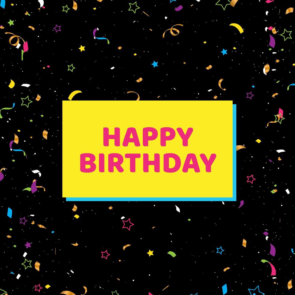 Happy Birthday card with confetti on black background.