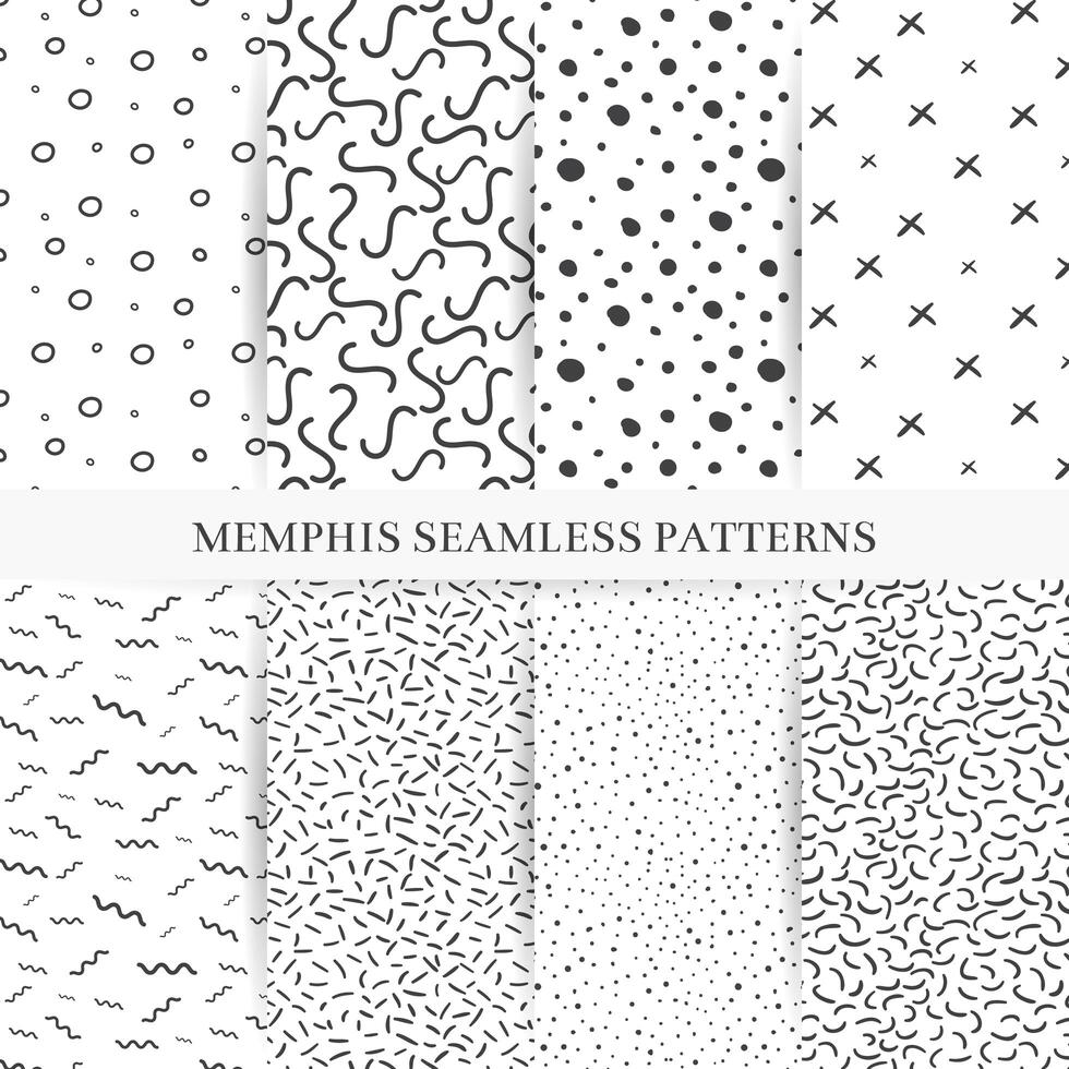 Colección de muestras de patrones de memphis. Moda 80-90s. Texturas de mosaico en blanco y negro. vector