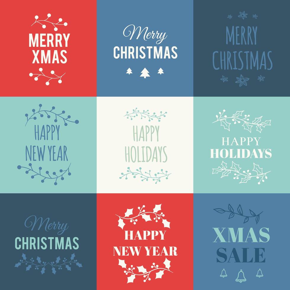 Conjunto de tarjetas de Navidad con tipografía. vector