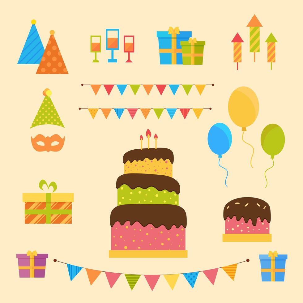 Feliz cumpleaños y elementos de fiesta vector