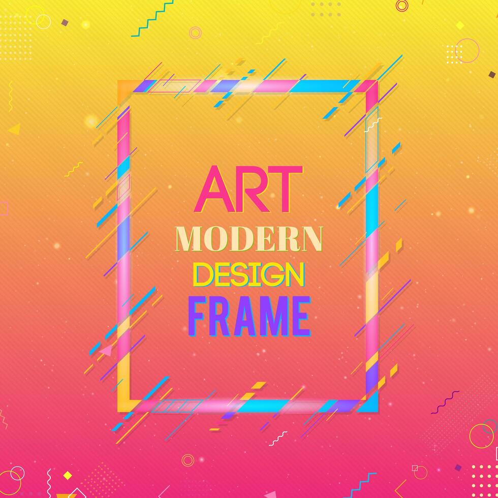 Vector frame for text Modern Art graphics. Dynamic frame with stylish  colorful abstract geometric shapes around it on a gradient background. Trendy neon color lines in a modern design style.