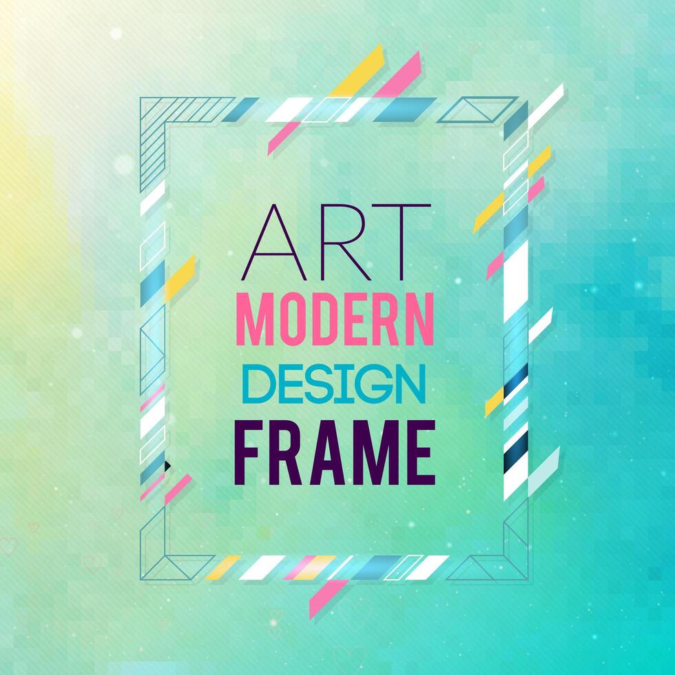 Vector frame for text Modern Art graphics. Dynamic frame with stylish  colorful abstract geometric shapes around it on a gradient background. Trendy neon color lines in a modern design style.