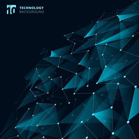 Tecnología abstracta Triángulos de color azul y polígono bajo con líneas que conectan puntos estructura de perspectiva sobre fondo oscuro. vector