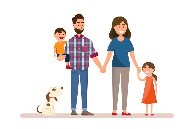 Familia feliz. Padre, madre, bebé, hijo e hija. vector