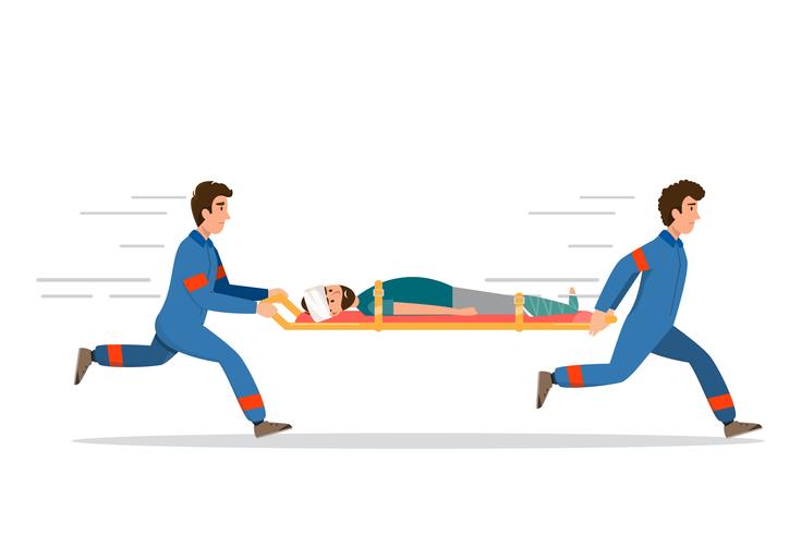 ambulance emergency medical service. staff is carrying patient in stretcher vector