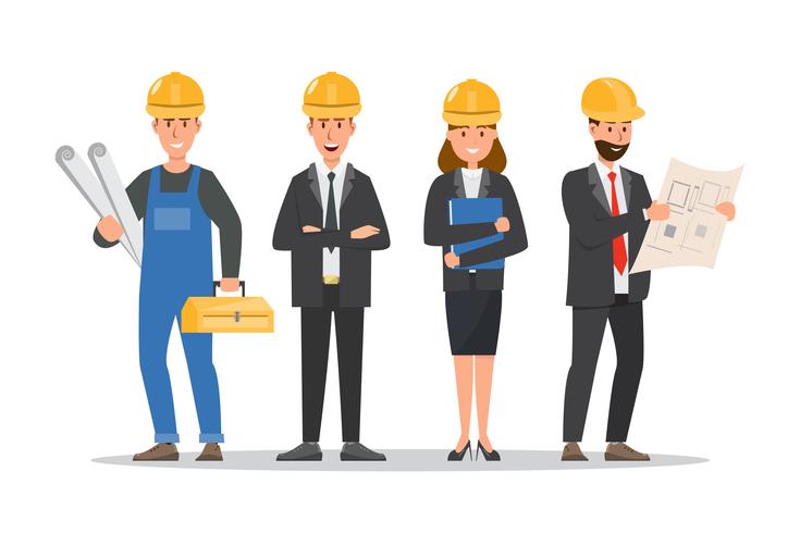 architect, foreman, engineering construction worker in different characte vector