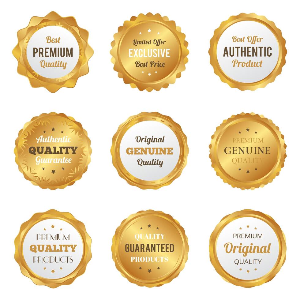 Insignias de oro de lujo y etiquetas de productos de calidad premium vector
