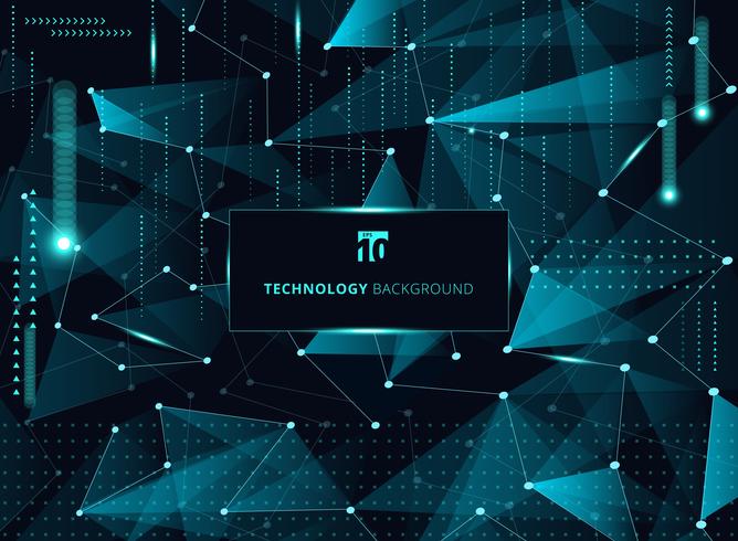 Abstract technology blue triangles and low polygon with lines connecting dots structure and elements on dark background. vector
