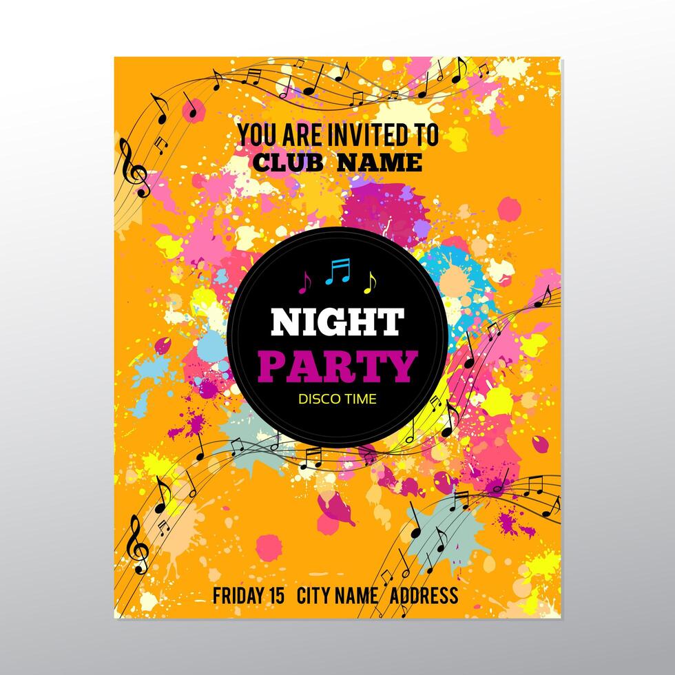 Party poster with ink splashes and musical notes vector