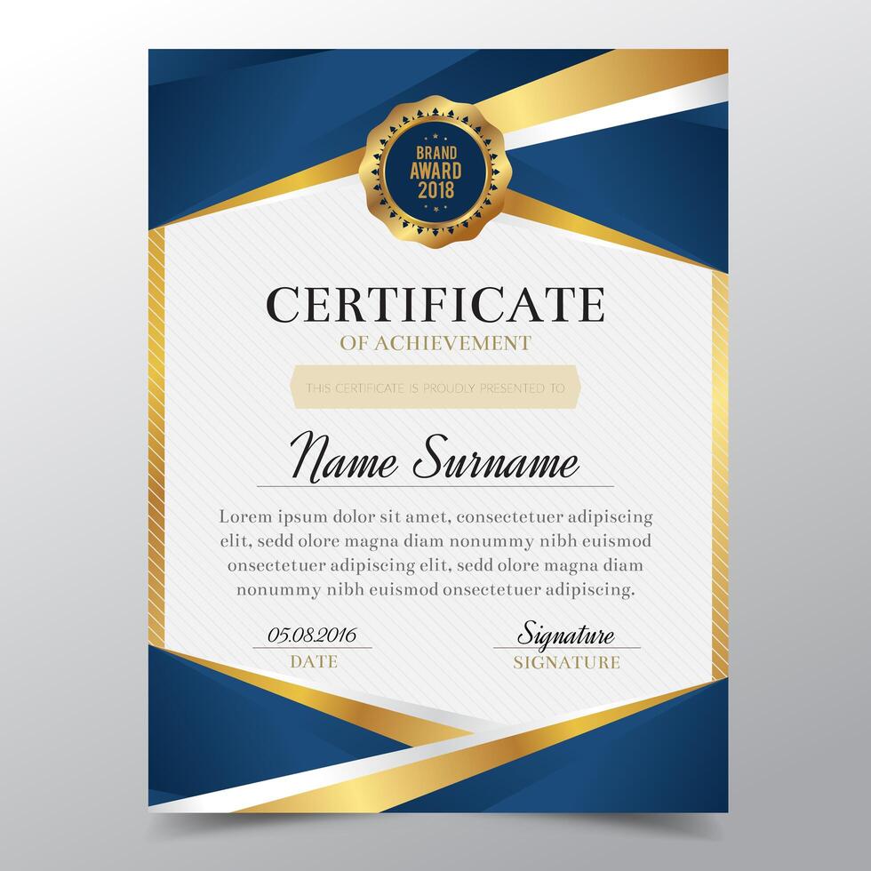 Plantilla de certificado con diseño elegante de oro y azul de lujo, graduación de diseño de diploma, premio, éxito. Ilustración de vector. vector