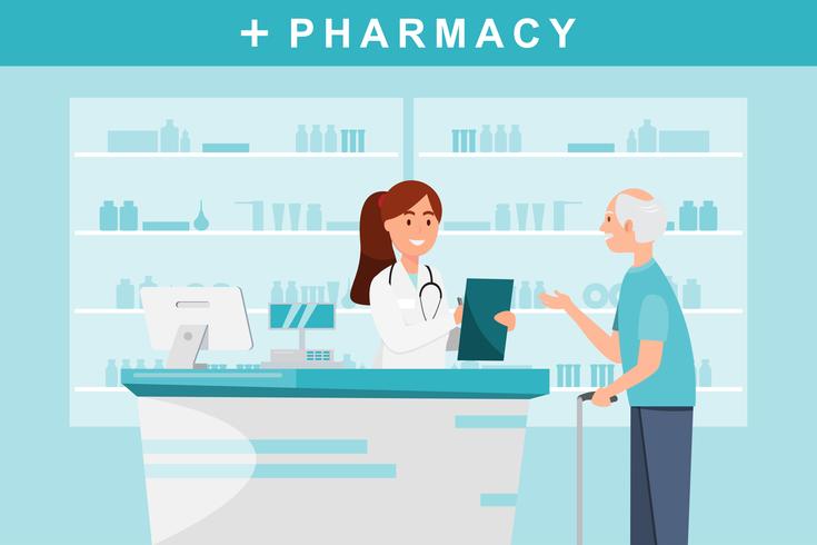 Farmacia con farmacéutico y cliente en mostrador. vector