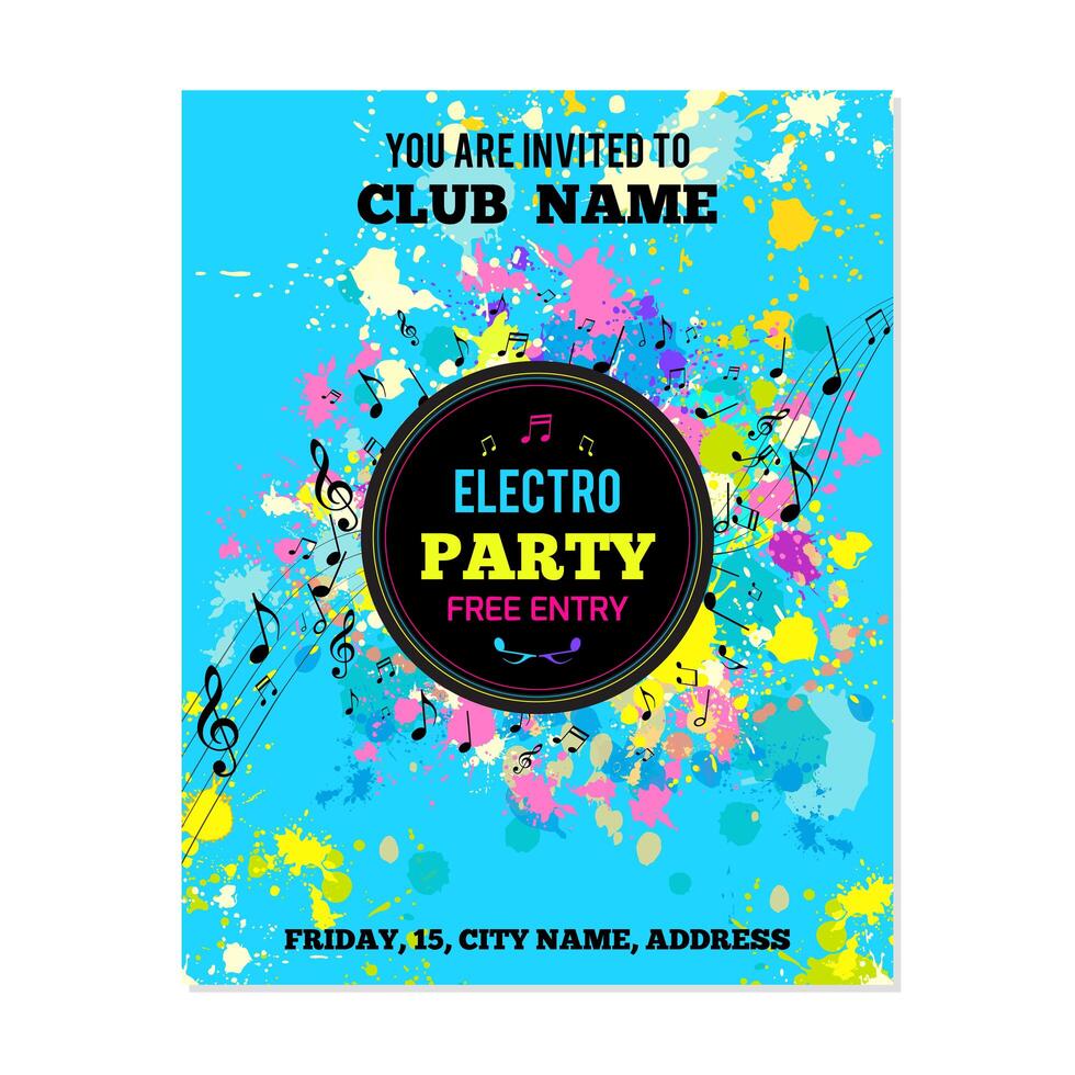 Party poster with ink splashes and musical notes vector