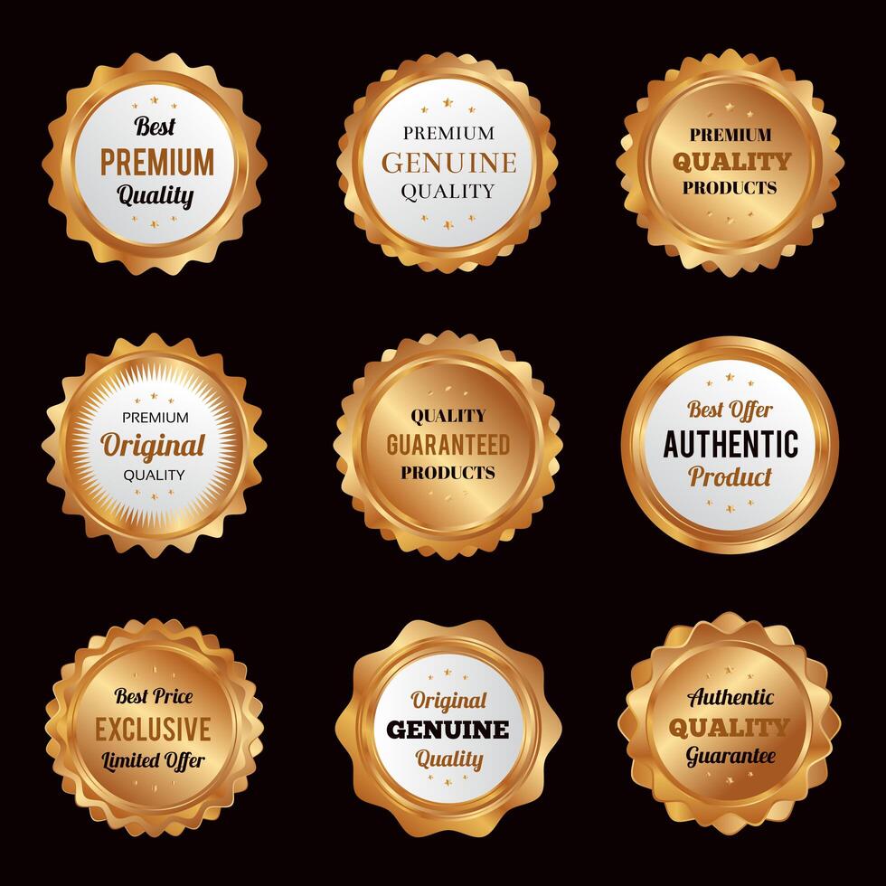 Insignias de oro de lujo y etiquetas de productos de calidad premium vector